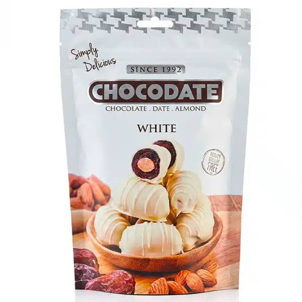 Dattes enrobées de chocolat blanc amande – Chocodate - 90g