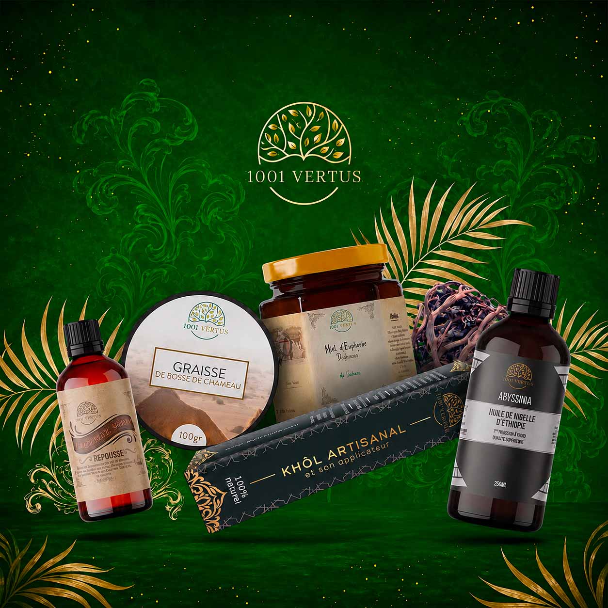Produits naturels 1001 Vertus : huile de nigelle, miel brut et dattes